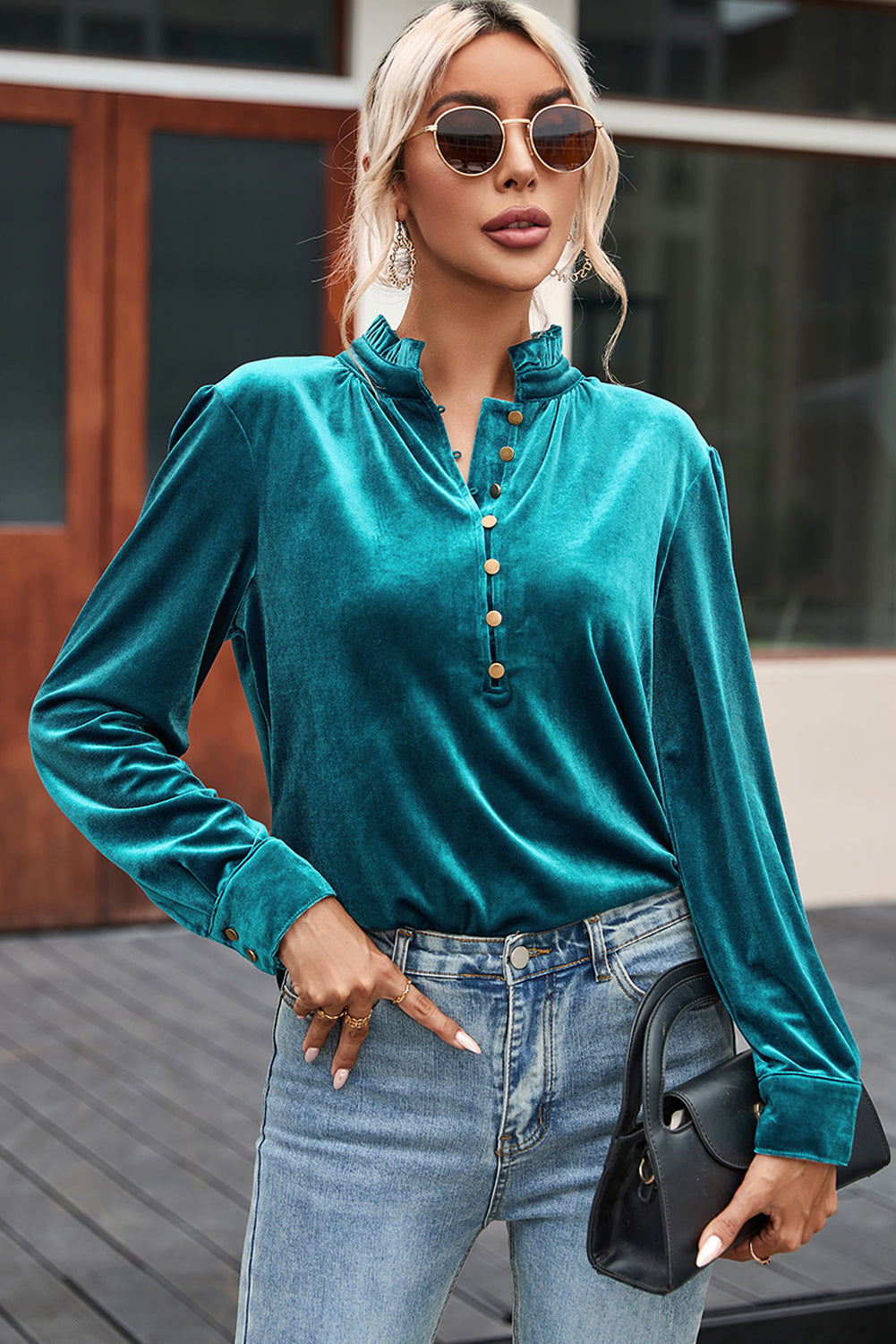 Burgundy Frilled Neck Buttoned Front Velvet Top