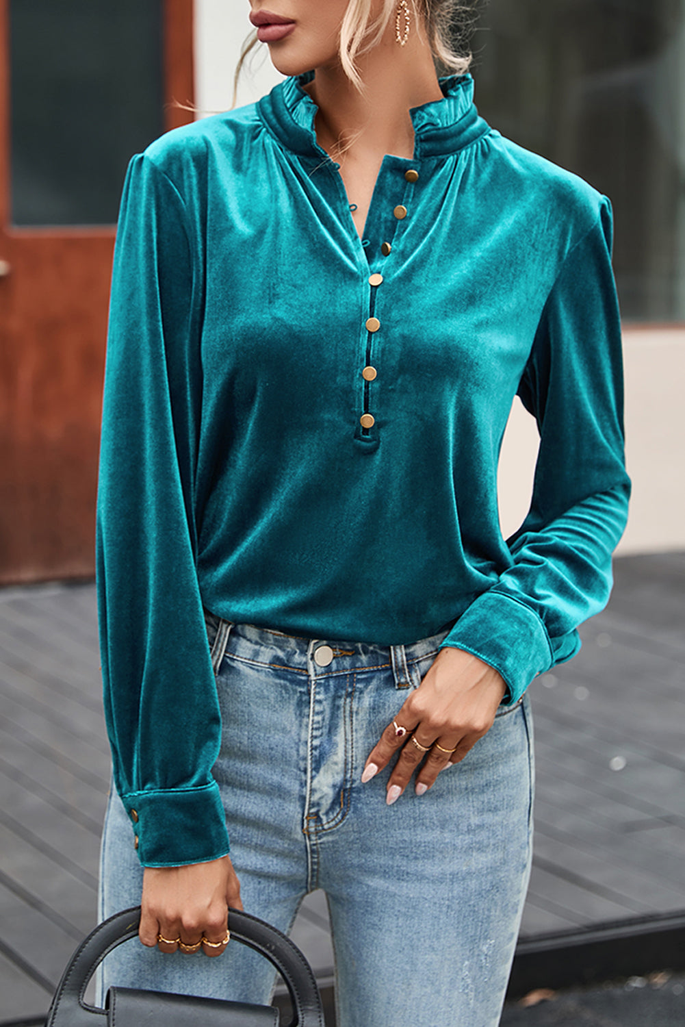 Burgundy Frilled Neck Buttoned Front Velvet Top